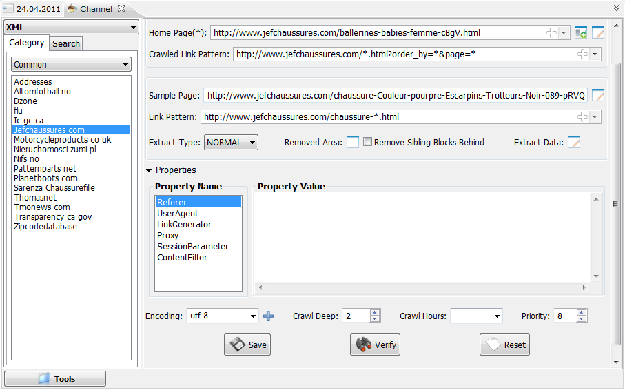 The Channel Configuration for extracting data from website